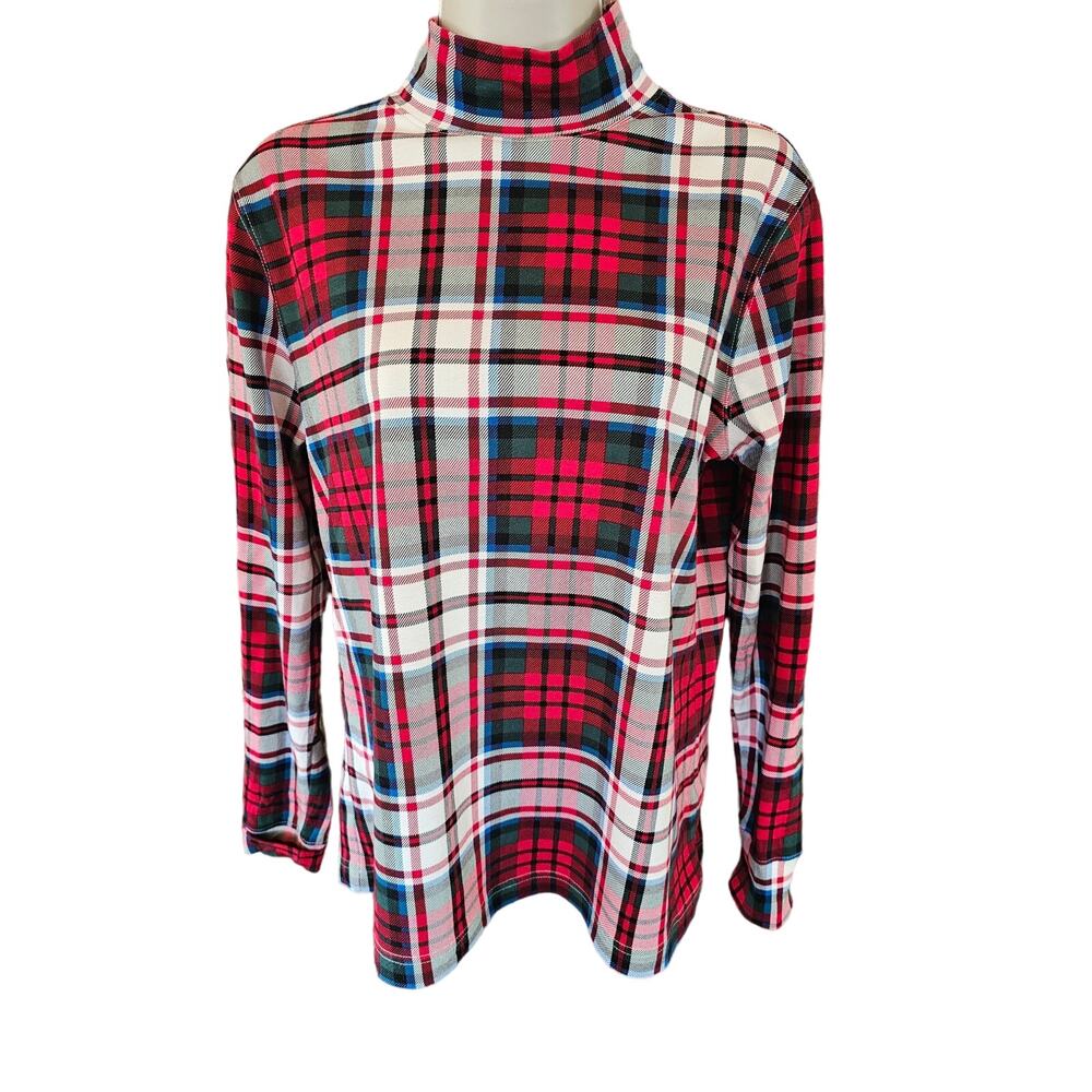 Lands end women Christmas plaid turtleneck layering top holiday XS relaxed fit ^